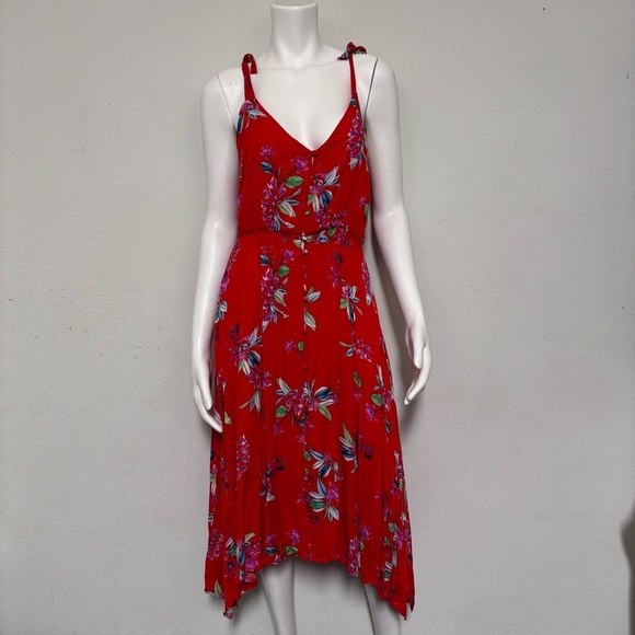 Lucky Brand Women Small Floral Tie Shoulder Straps Button Front Red Dress - Picture 1 of 6